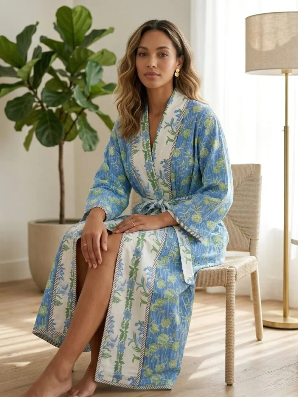 Reversible Cotton Kimono Robe, Hand Block Print Bathrobe, Floral Quilted for Her